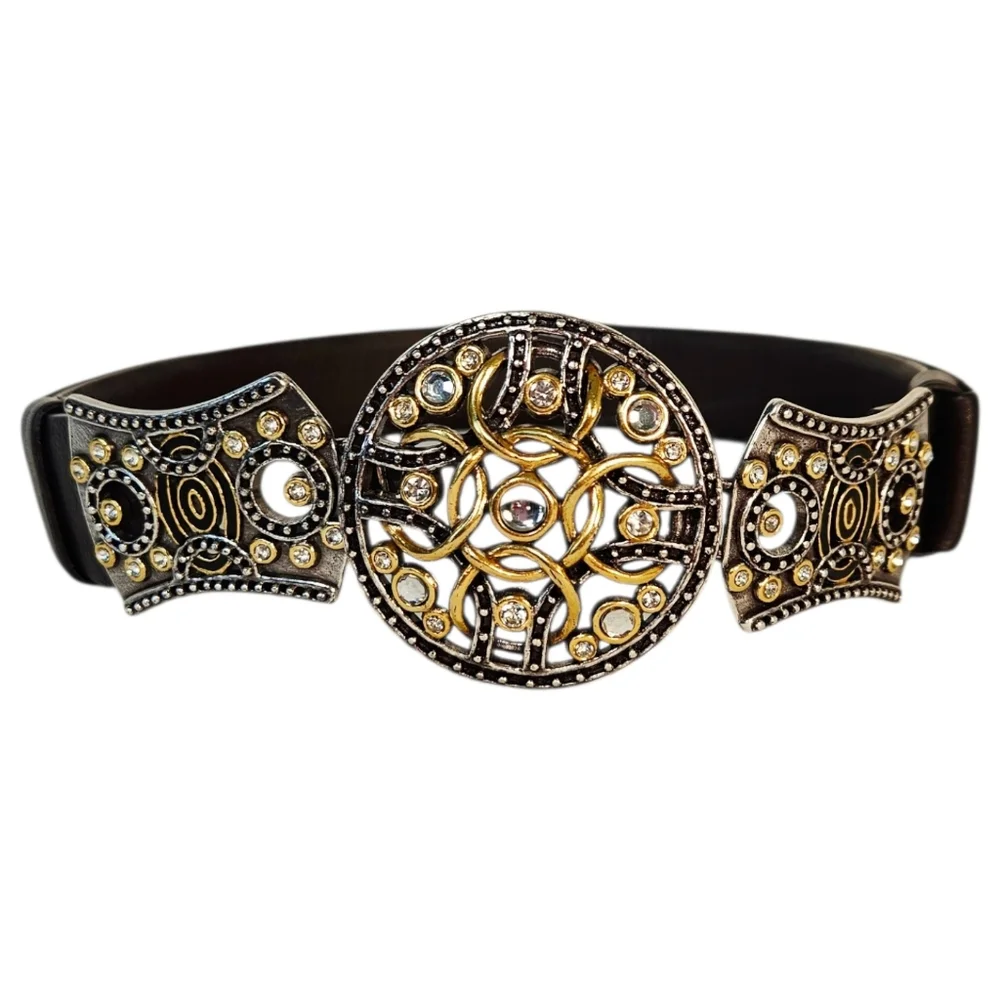 Chico's Brown Leather Western Belt Rhinestone Statement Buckle Boho M/L